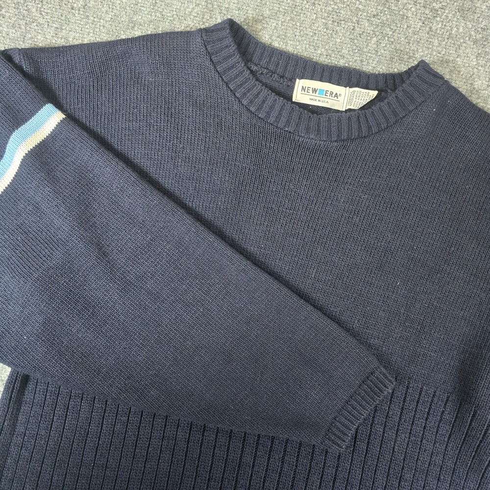 Vintage New Era‎ Sweater Medium Blue Striped Sleeve Crewneck Knit Pullover